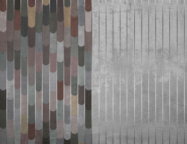 Art Deco Tapete mit geraden silbernen Streifen mit Konturen und geometrische abgerundete Formen in Grau-, Beige- und Brauntönen