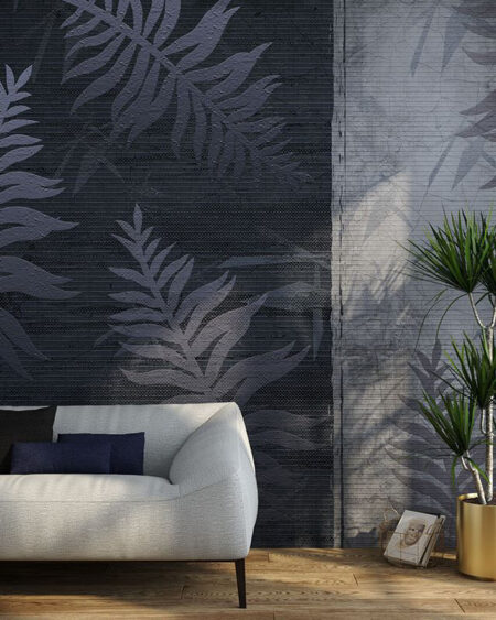 Designer Fototapete mit gemalten Farnzweigen auf strukturiertem Hintergrund für das Wohnzimmer