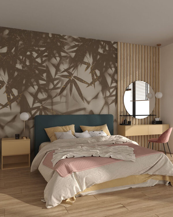 Fototapete mit tropischen Blättern und goldenen Flecken auf unscharfem Hintergrund für das Schlafzimmer
