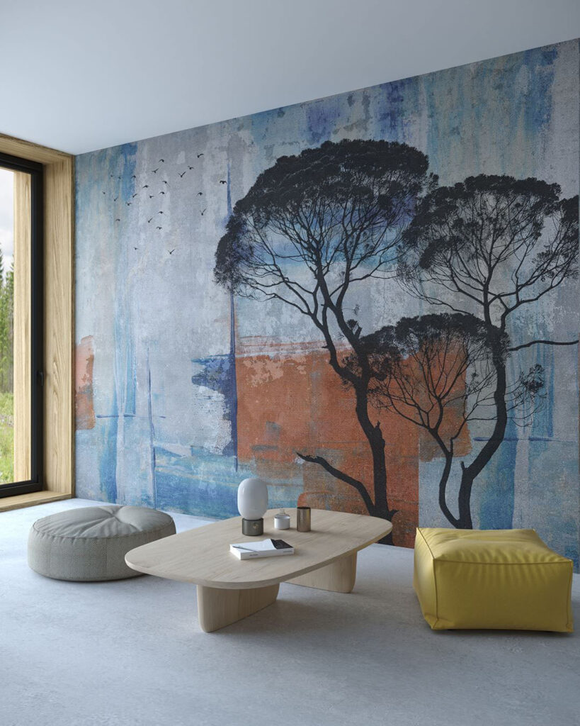 Exklusive Tapete mit Silhouetten afrikanischer Bäume und fliegender Vögel auf einem geometrischen dekorativen Hintergrund für das Wohnzimmer