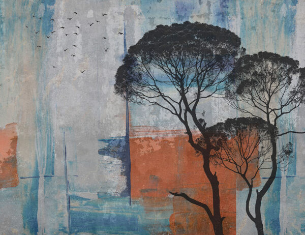 Exklusive Tapete mit Silhouetten afrikanischer Bäume und fliegender Vögel auf einem geometrischen dekorativen Hintergrund in Grau-, Braun- und Blautönen