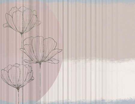 Fototapete Geometrie eines beigen Halbkreises mit großen Mohnblumen auf einem beige-grauen Hintergrund mit geraden Linien