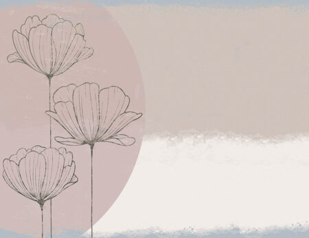 Florale Fototapete mit zarten grafischen Lotusblumen auf pastellfarbenem geometrischem Hintergrund