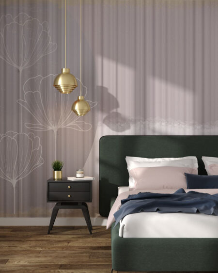 Fototapete Geometrie eines grauen Halbkreises mit großen weißen Mohnblumen für das Schlafzimmer