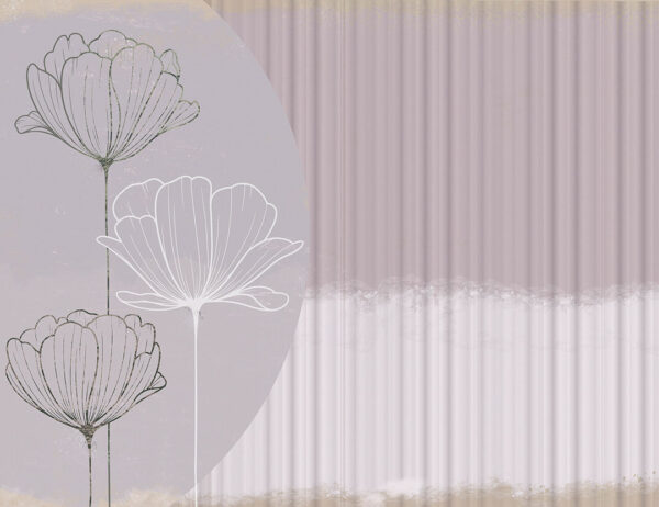 Fototapete Geometrie eines grauen Halbkreises mit großen weißen und dunklen Mohnblumen auf einem helllila-beigen Hintergrund mit geraden Linien