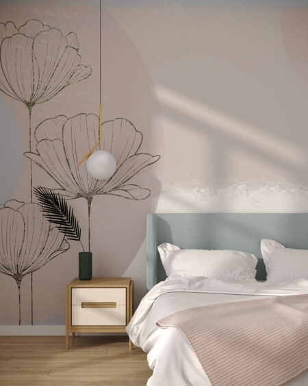 Fototapete Geometrie von Halbkreisen mit großen Mohnblumen für das Schlafzimmer