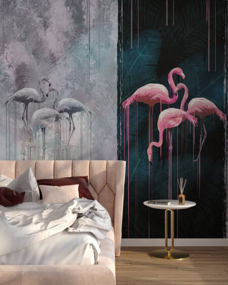 Exklusive Tapete mit rosa und grauen Flamingos im Kontrast von Grau und Grün für das Schlafzimmer