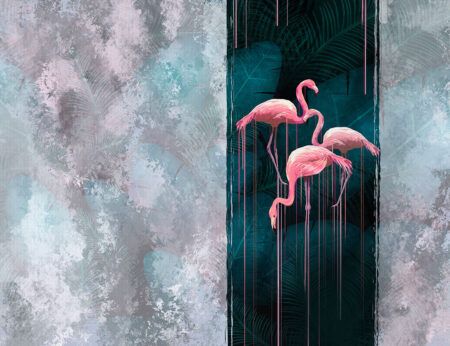 Tropische Fototapeten mit Flamingos auf kontrastreichem strukturiertem Hintergrund
