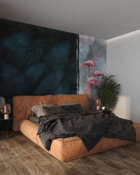 Exklusive Tapete mit tropischen Blättern und rosa Flamingos für das Schlafzimmer