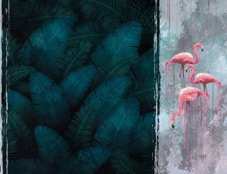 Exklusive Tapete mit tropischen Blättern und rosa Flamingos auf kontrastierendem grau-grünem Hintergrund