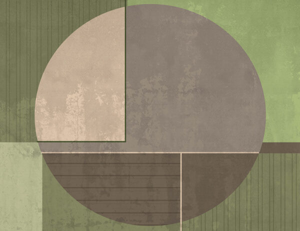 Tapete geometrie eines großen grauen Kreises mit beigen und braunen geometrischen Formen auf einem Hintergrund von Rechtecken in Grüntönen