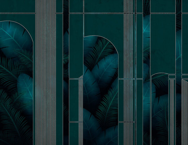 Exklusive Tapete mit grünem tropischem Blätter auf geometrischen Formen auf dunkelgrünem Hintergrund