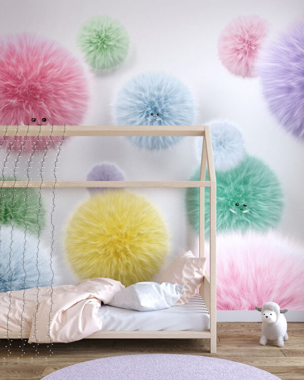 Fototapeten mit bunten flauschigen Pompons auf weißem Hintergrund fürs Kinderzimmer