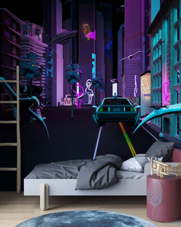 Fototapete die Stadt der Zukunft im Stil von Cyberpunk in Neonfarbe für das Jugendzimmer