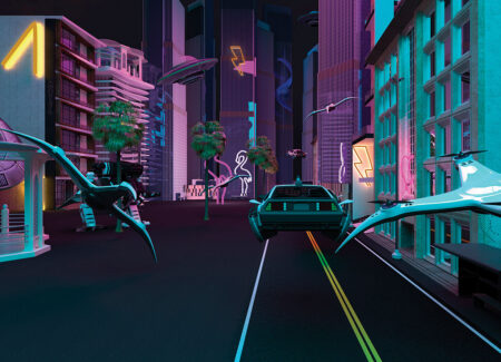 Jugendtapete Stadt der Zukunft im Cyberpunk-Stil in Neonfarbe