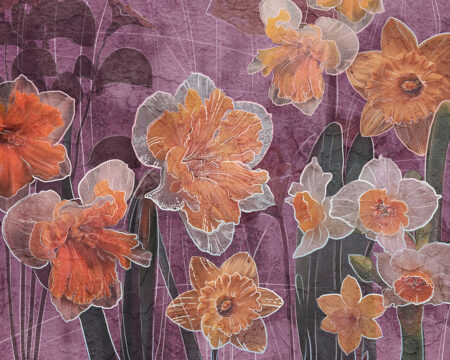 Blumen-Fototapeten mit grafischen Umrissen orangefarbener Lilien auf violettem Hintergrund