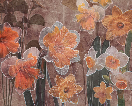 Blumen-Fototapeten mit grafischen Umrissen orangefarbener Lilien auf strukturiertem braunem Hintergrund