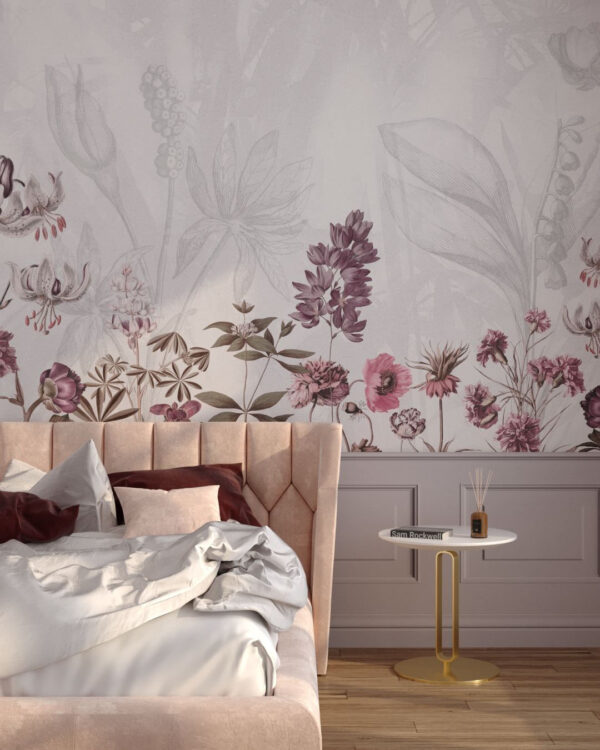Fototapete mit Gartenblumen und ihren Umrissen auf weißem Hintergrund mit dunkelbeigem Panel für das Schlafzimmer