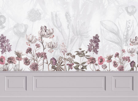 Fototapete mit Gartenblumen und ihren Umrissen auf weißem Hintergrund mit dunkelbeigem Panel