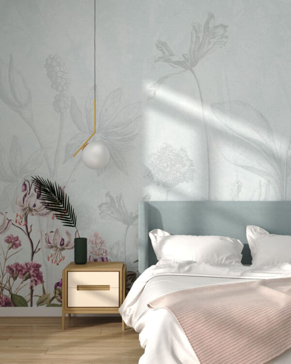 Fototapete mit Gartenblumen und ihren Umrissen auf hellblauem Hintergrund für das Schlafzimmer