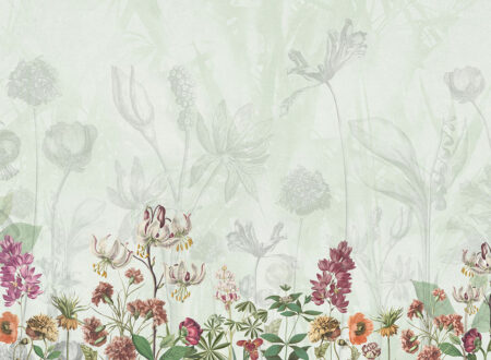 Fototapeten Zarte Blumen mit Bleistift auf grünem Hintergrund gezeichnet