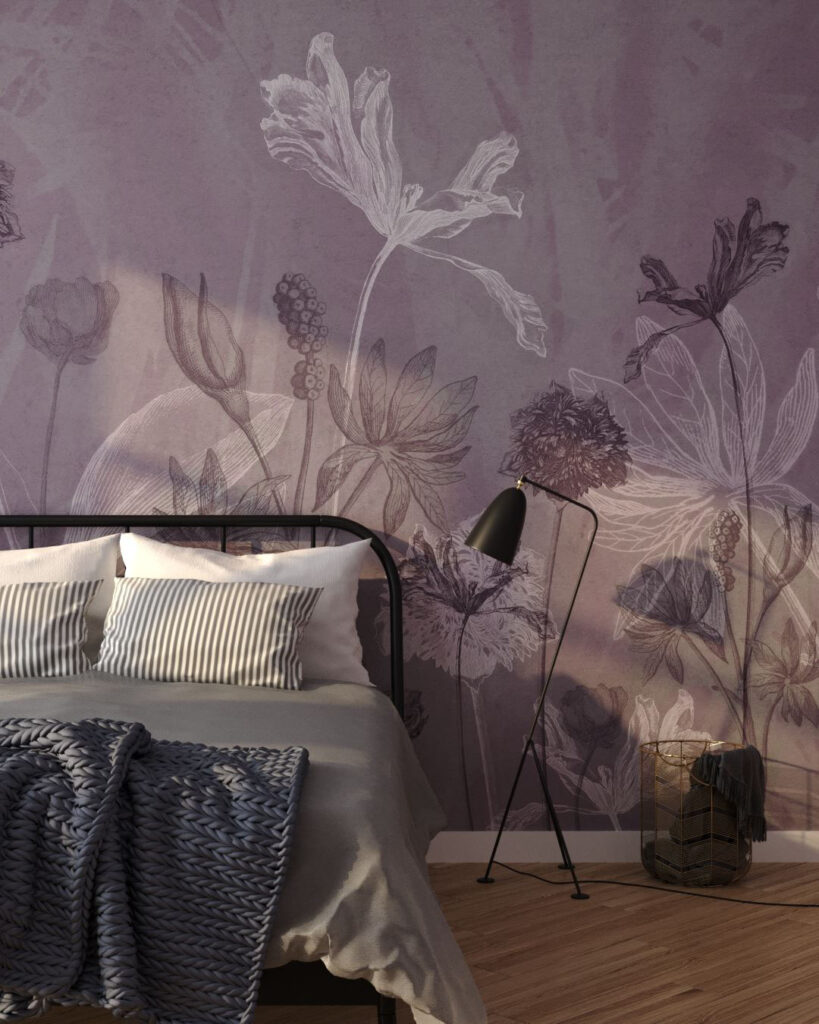 Designer Fototapete mit den Umrissen von Gartenblumen auf dekorativem Hintergrund für das Schlafzimmer