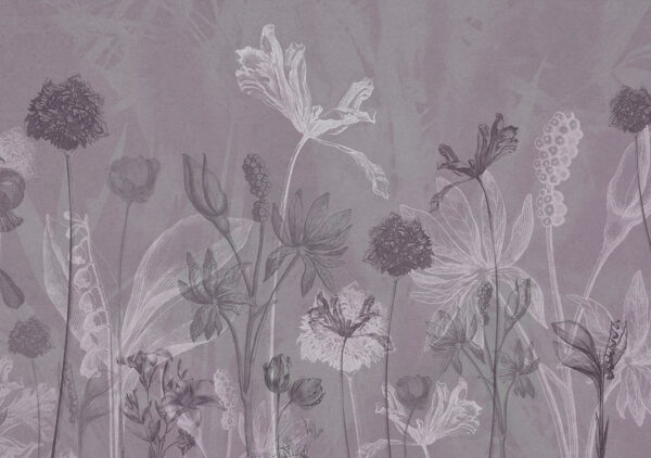 Designer Fototapete mit den Umrissen von Gartenblumen auf dekorativem Hintergrund in hellen Lilatönen