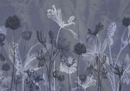 Fototapete mit zarten Blumenumrissen auf blauem Hintergrund