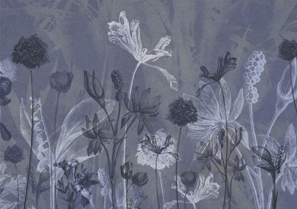 Designer Fototapete mit den Umrissen von Gartenblumen auf dekorativem Hintergrund in dunkelblauen Tönen