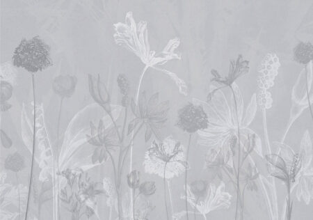 Fototapete mit zarten Blumenumrissen auf grauem Hintergrund
