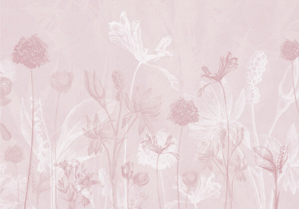 Designer Fototapete mit den Umrissen von Gartenblumen auf dekorativem Hintergrund in hellrosa Tönen
