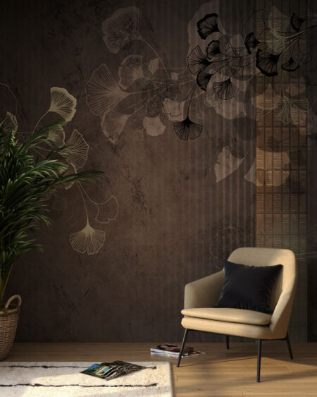 Fototapete mit Umrissen dekorativer Blumen auf strukturiertem Hintergrund in Brauntönen mit geraden Streifen fürs Wohnzimmer