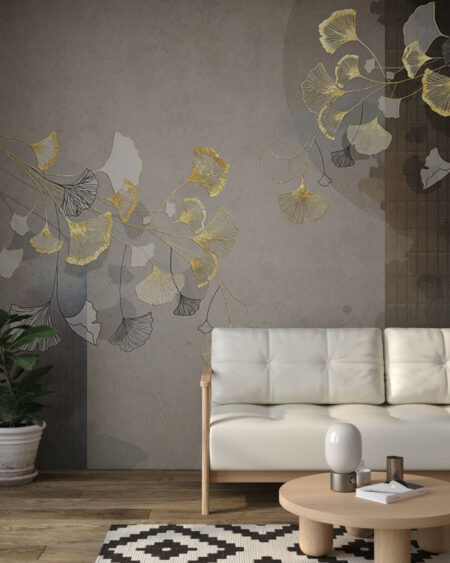 Fototapete mit hellen und goldenen Umrissen dekorativer Blumen auf strukturiertem Designhintergrund fürs Wohnzimmer