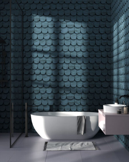 3D-Tapete mit Schuppenstruktur in Grau-Blau-Tönen fürs Badezimmer