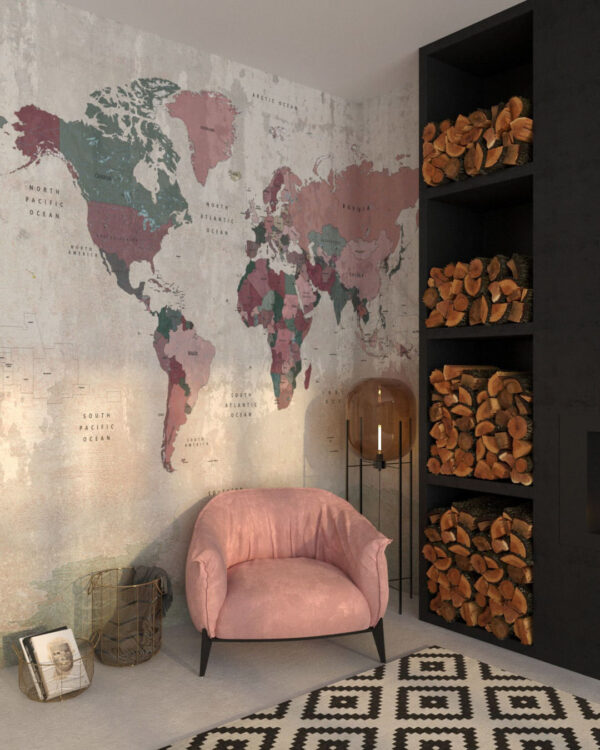 Fototapete Weltkarte in rosa und grünen Farben auf der Textur einer beigen Betonwand für das Schlafzimmer