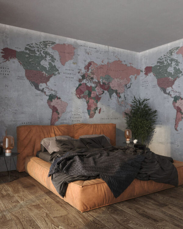 Fototapete Weltkarte in rosa und grünen Farben auf der Textur einer blauen Betonwand für das Schlafzimmer