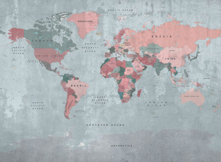 Fototapete Weltkarte in rosa und grünen Farben auf der Textur einer blauen Betonwand