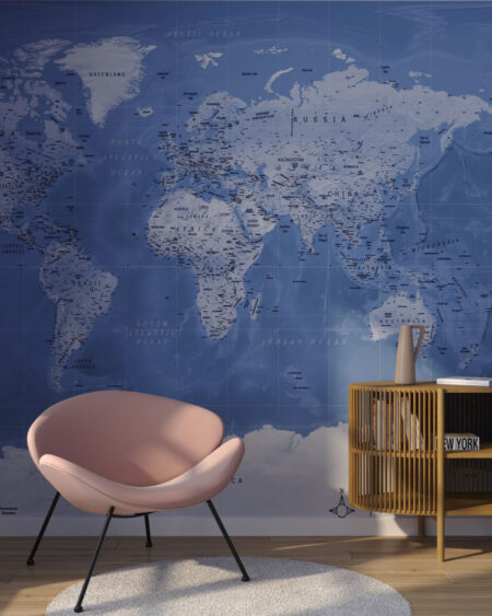 Fototapete Weltkarte in Blautönen im Stil von Eis für das Wohnzimmer