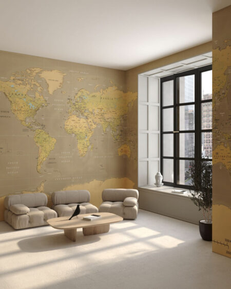 Tapete Weltkarte im Retro-Stil in beigen Farben für das Wohnzimmer