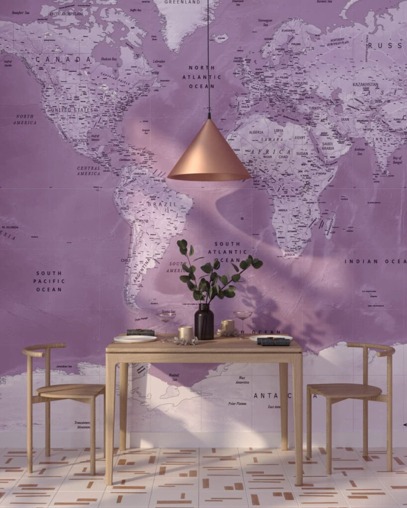 Tapete Weltkarte in hellrosa Farben auf rosa Hintergrund für die Küche