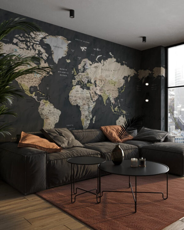 Fototapete Designer Weltkarte in Beige- und Grautönen auf strukturiertem schwarzem Papierhintergrund für das Wohnzimmer