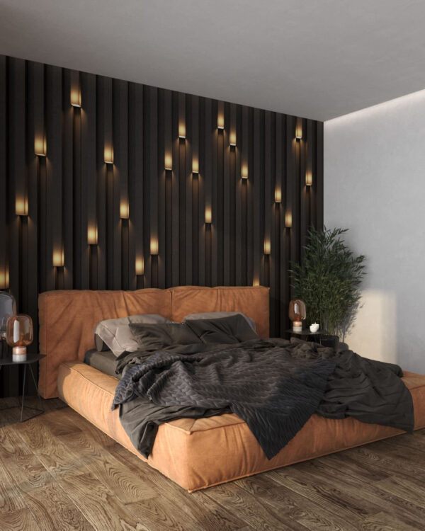 3D-Tapete geometrie von volumetrischen dunkelgrauen rechteckigen Formen mit Lampen für das Schlafzimmer