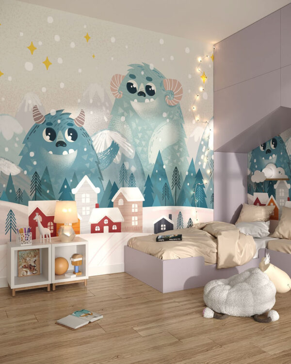 Tapete mit zwei großen türkisfarbenen Monstern auf einer verschneiten Landschaft mit Häusern für das Kinderzimmer