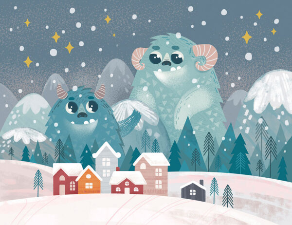 Kindertapete mit zwei großen türkisfarbenen Monstern auf einer verschneiten Landschaft mit Häusern auf dunkelblauem Hintergrund
