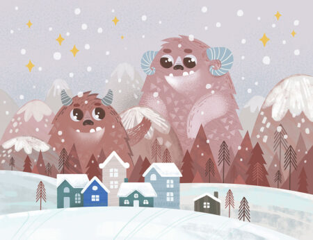 Süße braune Wintermonster im Schnee Kinder Fototapete
