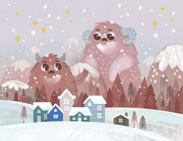 Kindertapete mit zwei großen Monstern in Burgunder-Brauntönen auf einer verschneiten Landschaft mit Häusern auf grau-lila Hintergrund