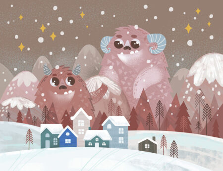 Süße braune Wintermonster in der verschneiten Nacht Kinder Fototapete