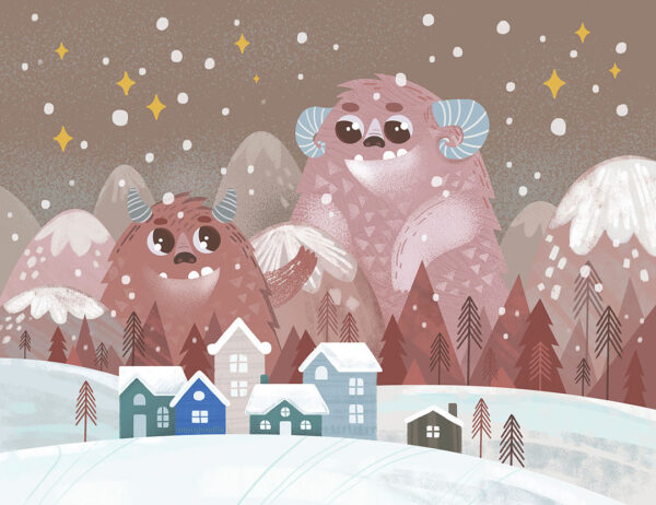 Kindertapete mit zwei großen Monstern in Burgunder-Brauntönen auf einer verschneiten Landschaft mit Häusern auf dunkelbraunem Hintergrund