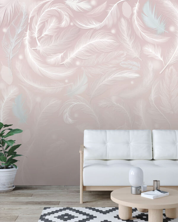 Fototapete mit dekorativen Federn auf einem unscharfen rosa Hintergrund für das Wohnzimmer
