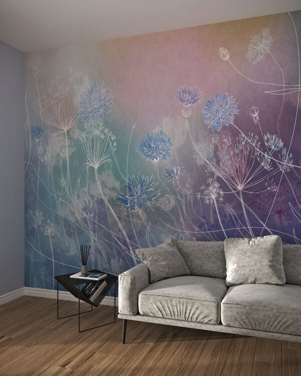 Fototapete mit den Umrissen von Wildblumen auf einem bunten Hintergrund mit Farbverlauf fürs Wohnzimmer